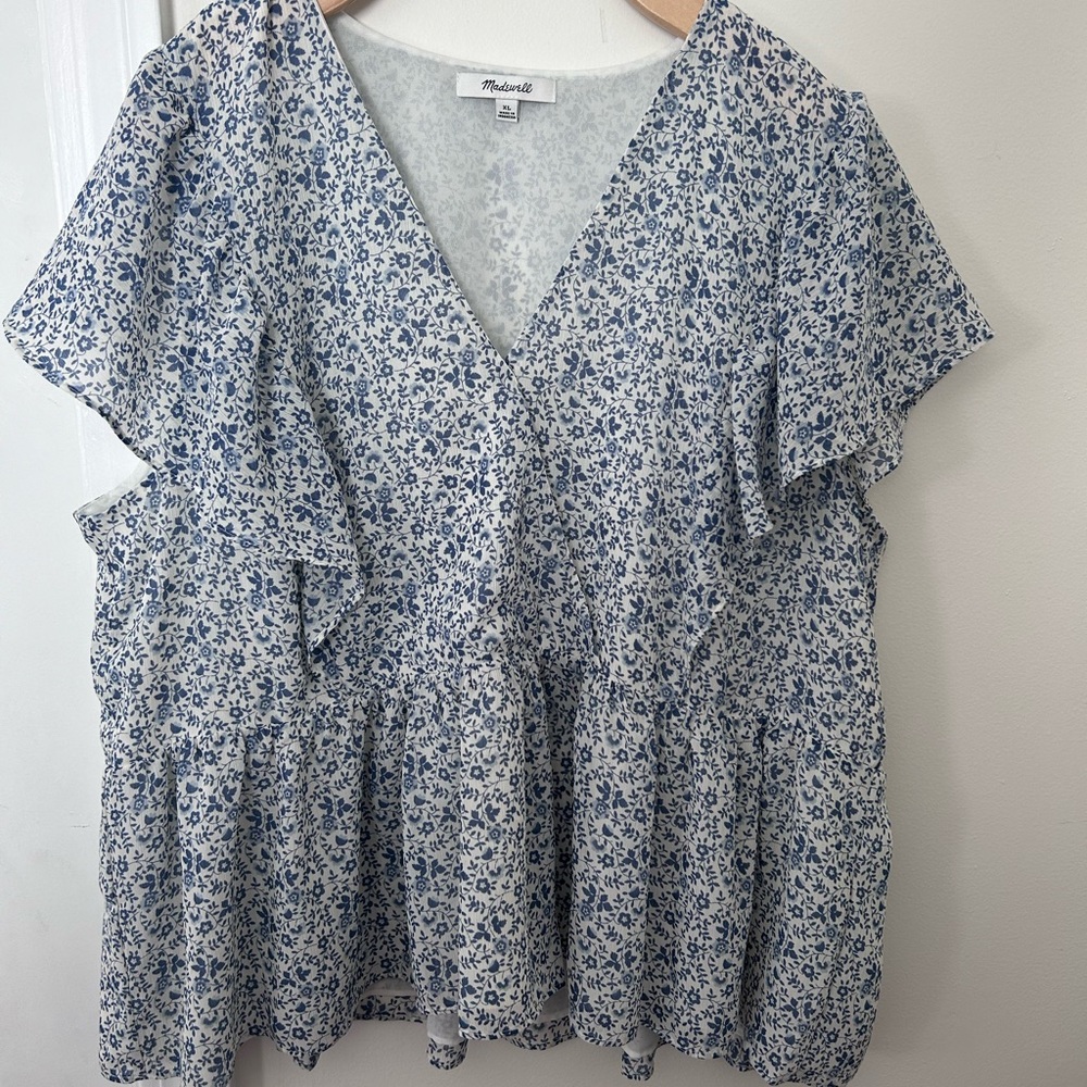 Madewell Blue and White Flutter Sleeve Ruffled Blouse
